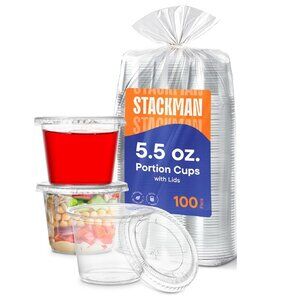 Pack of 100 StackMan 5.5 oz clear premium-quality plastic cups with flat lids